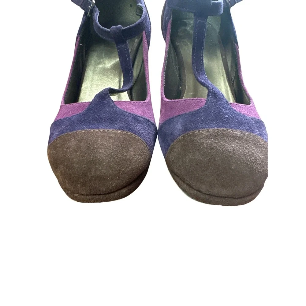 Boden Suede Leather T Strap High‎ Heel Pumps Brown Purple Retro Womens Shoes - Picture 2 of 6
